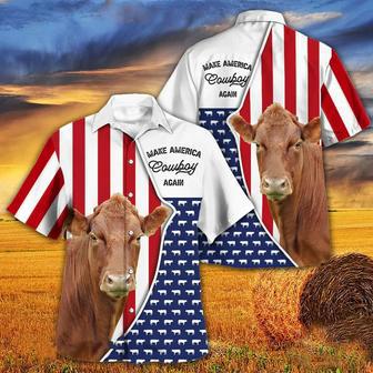 Independence Day Limousin Cattle Make America Cowboy Again With American Flag Pattern Hawaii Hawaiian Shirt | Newhawaiianshirts AU