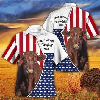 Independence Day Shorthorn Cattle Make America Cowboy Again With American Flag Pattern Hawaii Hawaiian Shirt | Newhawaiianshirts DE