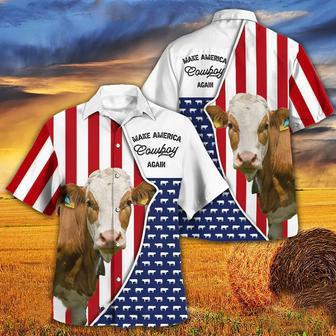 Independence Day Simmental Cattle Make America Cowboy Again With American Flag Pattern Hawaii Hawaiian Shirt | Newhawaiianshirts