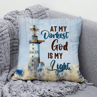 Jesus Pillow - Lighthouse, Wooden Cross Pillow - Gift For Christian - At My Darkest God Is My Light Pillow - Monsterry AU