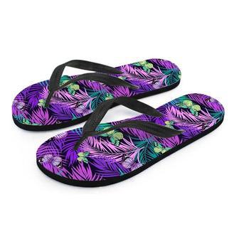 Neon Purple Tropical Palm Tree Butterfly Print Men's Flip Flops | Newhawaiianshirts