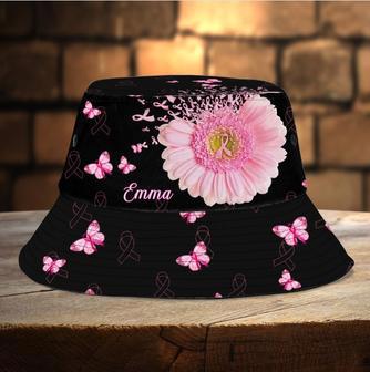 Personalized Butterfly Pink Sunflowers Breast Cancer Awareness Bucket Hat for Girl. Women | Newhawaiianshirts CA