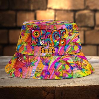 Personalized Colorful Hippie Peace Art Bucket Hat, Custom Name Hippie Girl Poppy Leaves Hats | Newhawaiianshirts UK