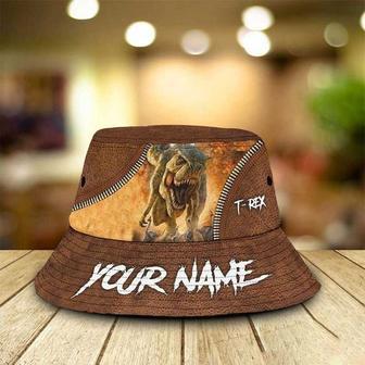 Personalized Roaring Dinosaur Leather Pattern Bucket Hat For Dinosaur Lovers, Boy, Man | Newhawaiianshirts UK