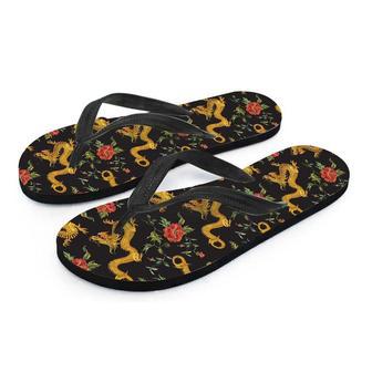 Rose Floral Golden Dragon Print Men's Flip Flops | Newhawaiianshirts DE