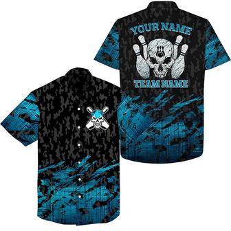 Skull Bowling Hawaiian Shirt Custom Name And Team Name Blue Bowling Skeleton, Team Bowling Shirts | Newhawaiianshirts CA