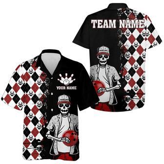 Skull Hawaiian Bowling Shirt Men Women Personalized Name Argyle Bowling Pattern Bowler Team | Newhawaiianshirts CA