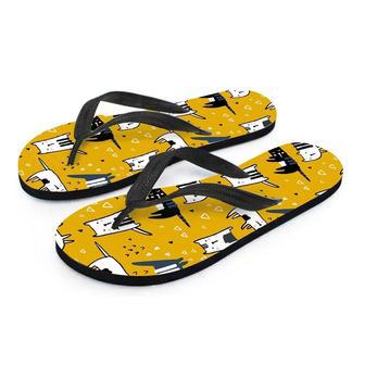 Yellow Doodle Cat Print Men's Flip Flops | Newhawaiianshirts CA