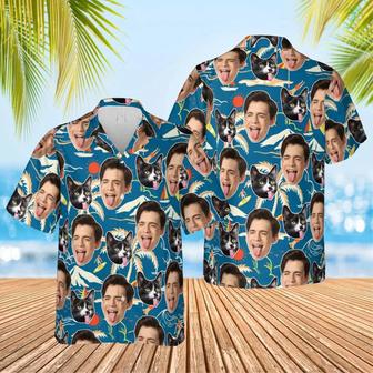 Blue Tropical Island Hawaiian Funny Custom Photo People and Pet Summer Shirt Beach Hawaiian Casual Button Down Short Sleeve Hawaiian Shirt | Newhawaiianshirts DE