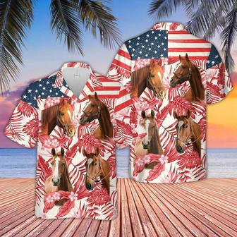 Brown Horse Red Floral US Flag Hawaiian Shirt for Women, Men, Horse Lovers | Newhawaiianshirts CA