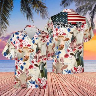 Charolais Cattle American Flag Hawaiian Flowers Hawaiian Shirt for Men Summer Vibes | Newhawaiianshirts CA