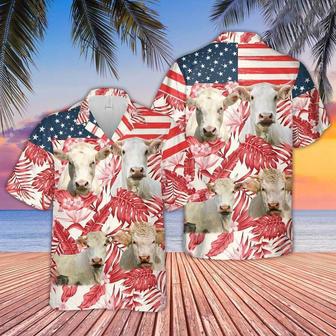 Charolais Red Floral US Flag Hawaiian Shirt for Women, Men, Charolais Lovers | Newhawaiianshirts CA