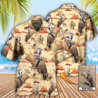 Cowboy Bull Riding Tropical Custom Photo Hawaiian Shirt, Personalized Hawaiian Shirt, Cowboy Shirt | Newhawaiianshirts AU