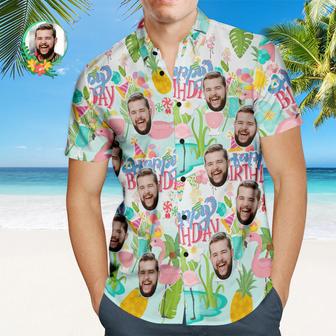 Custom Happy Birthday Hawaiian Shirt Flamingo Party Personalized Face Shirt | Newhawaiianshirts UK