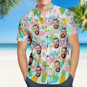 Custom Happy Birthday Hawaiian Shirt Flamingo Party Personalized Face Shirt | Newhawaiianshirts