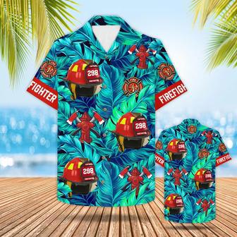 Custom Hawaiian Shirt Gift For Firefighter Personalized Gifts For Fireman Firefighter Helmet Tropical Pattern Hawaiian Shirt | Newhawaiianshirts AU