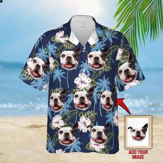 Custom Image Dog Blue Palm Tree and Flower Pattern Hawaiian Shirt, Gift for Dog Lovers | Newhawaiianshirts