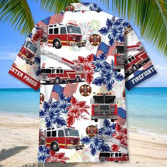 Fire Truck of July Hawaiian Shirt for Firefighter, Fireman Independence Day Firefighter Uniform Shirt | Newhawaiianshirts CA