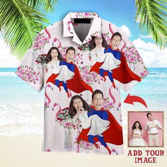 Funny Custom Face Beautiful Happy Wedding Couple Pink Flamingo Custom Hawaiian Shirt, Personalized Hawaiian Shirts, Custom Photo Hawaiian Shirt | Newhawaiianshirts CA