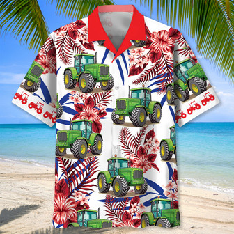 Green Tractor Red Flowers Tropical Hawaiian Shirt for Farmers, Men, Women Tractor Summer Beach Shirt | Newhawaiianshirts