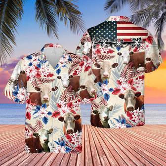 Hereford Cattle American Flag Flowers Hawaiian Shirt for Farmers Summer Vibes | Newhawaiianshirts AU