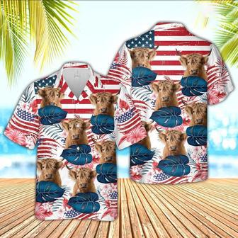 Highland Cattle Hibiscus Pattern US Flag Hawaiian Shirt for Farmers | Newhawaiianshirts UK