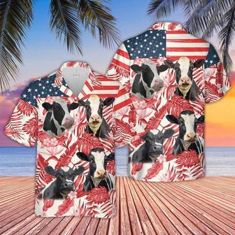 Holstein Red Floral US Flag Hawaiian Shirt for Women, Men, Holstein Farmers | Newhawaiianshirts UK