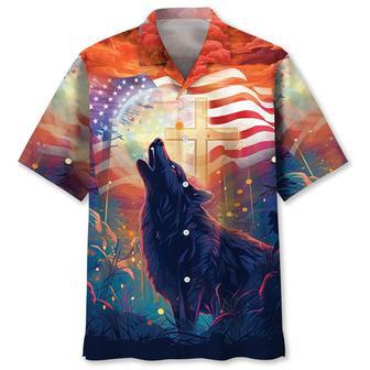 Wolf Cross Hawaiian Shirt for Men, US Flag Wolf Colorful Hawaiian Shirt | Newhawaiianshirts CA