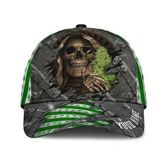 Custom Name Skull Weed Classic Cap, Baseball Skull Cap Hat For Summer Travel - Monsterry
