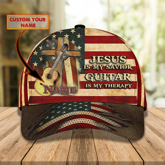 Jesus Is My Savivor Guitar Is My Therapy Personalized Name Cap For Guitar Man, Jesus Guitar Cap Hat - Monsterry