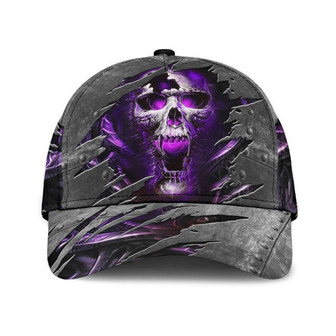 Skull Cap Hat, Purple Skull On Baseball Cap Hat Metal Pattern - Monsterry
