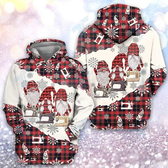 Christmas Tartan Gnome Sewing All Over Print Hoodie, Christmas Gift For Sewers - Monsterry