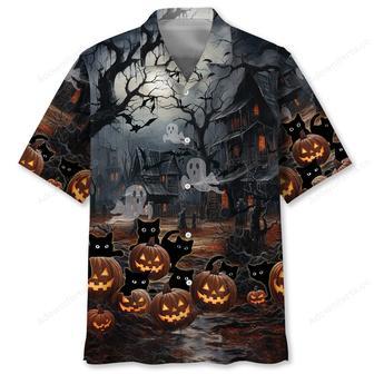 Black Cat Pumpkins Halloween Hawaiian Shirt | Newhawaiianshirts CA