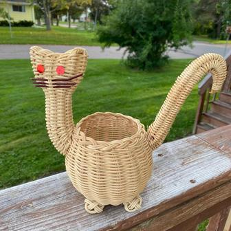 Exotic Indoor Handwoven Wicker Cat Plant Pot for Home Decor | Rusticozy