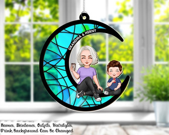 Grandma And Grandson Granddaughter On The Moon Personalized Window Hanging Suncatcher Ornament - Monsterry