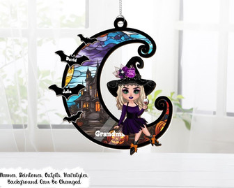 Grandma Mom Witch On Moon Personalized Halloween Suncatcher Ornament Spooky Bat Gigi Nana Witch Suncatcher - Monsterry