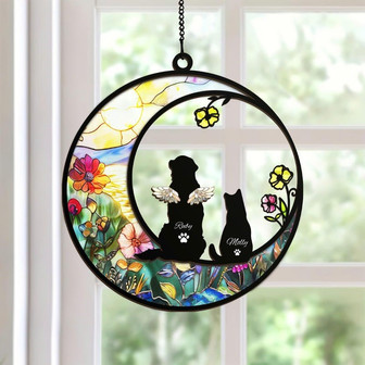 New! Dog And Cat Memorial Suncatcher Personalized Loss Of Pet Sympathy Gift Couple Pet On Moon - Monsterry