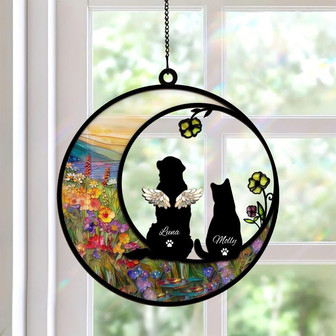 New! Personalized Loss Of Pet Sympathy Gift Dog And Cat Memorial Suncatcher Couple Pet On Moon - Monsterry