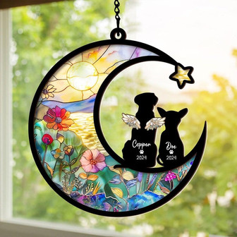 Personalized Loss Of Pet Sympathy Gift Dog And Cat Memorial Gift Couple Pet On Moon Suncatcher - Monsterry