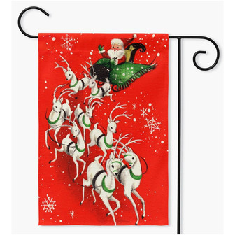 Reindeer Garden Flag, Santa With Flying White Reindeer Yard Sign, Christmas Decoration - Monsterry