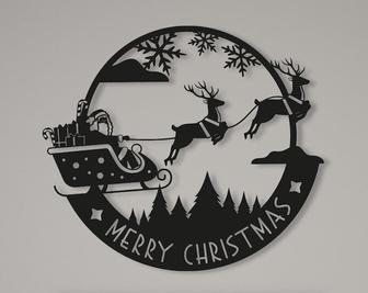 Merry Christmas Santa Metal Wall Art - Deer & Sleigh Sign for Front Door Décor or Holiday Gift | Familywalldecor