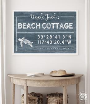 Personalized Beach Cottage Canvas Sign with Custom Coordinates and Sea Turtle Art | Familywalldecor