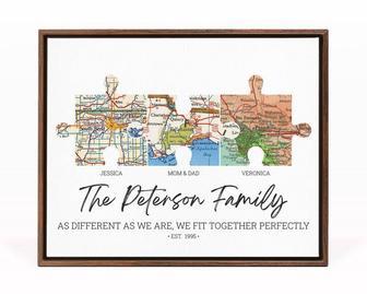 Personalized Family Puzzle Map Canvas Print - Thoughtful Christmas Gift For Parents - Long Distance Wall Art For Living Room | Familywalldecor