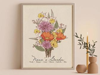 Personalized Birth Flower Bouquet Canvas - Thoughtful Gift For Mom Or Grandma's Garden - Perfect For Christmas Or Mother's Day | Familywalldecor