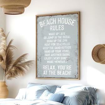 Distressed Family Rules Canvas – Vintage Coastal Beach House Decor | Familywalldecor