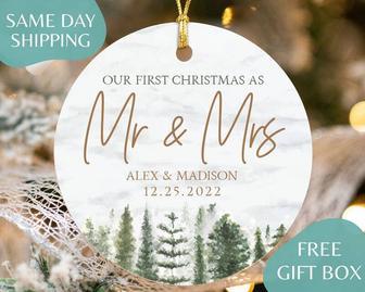 Personalized Our First Christmas As Mr & Mrs Ornament For Newlyweds - Touching Holiday Wall Art Decoration | Familywalldecor