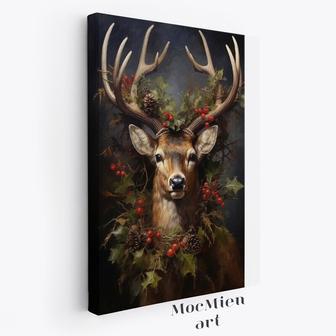 Majestic Reindeer Christmas Canvas Art With Wreath Crown For Living Room - Vintage Holiday DéCor Delight | Familywalldecor