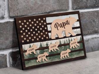 Personalized Papa Bear Canvas With 3D Engraving - American Flag Design For Dad Gifts | Familywalldecor