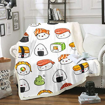 Kawaii Sushi Fleece Throw - Japanese Style Room Decor For Kids' Bedroom, Sofa Or Bed - Cute And Cozy Plush Sherpa Blanket - Monsterry