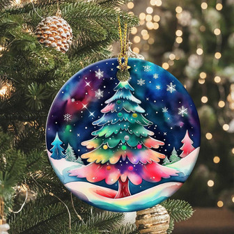 Colorful Christmas Tree Round Ceramic Ornament - Star Snowflake Design For Winter Holiday Gift - Monsterry